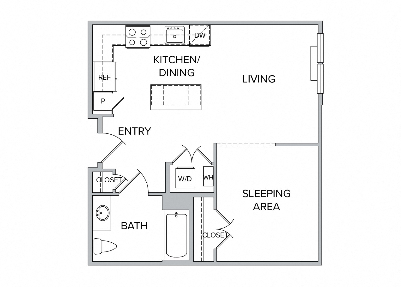 Floor plan for studio, 1 bath, 594 sqft